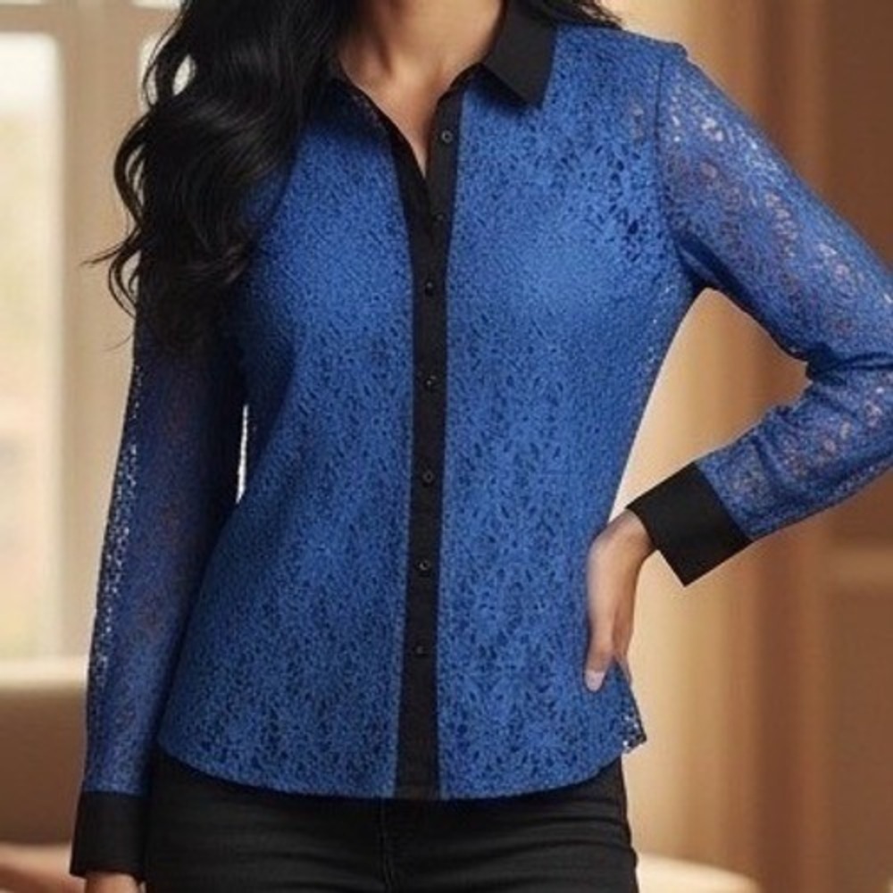 Vanessa Virginia Blue Lace Blouse Black Trim Button Front | Anthro‎ Style | US 8